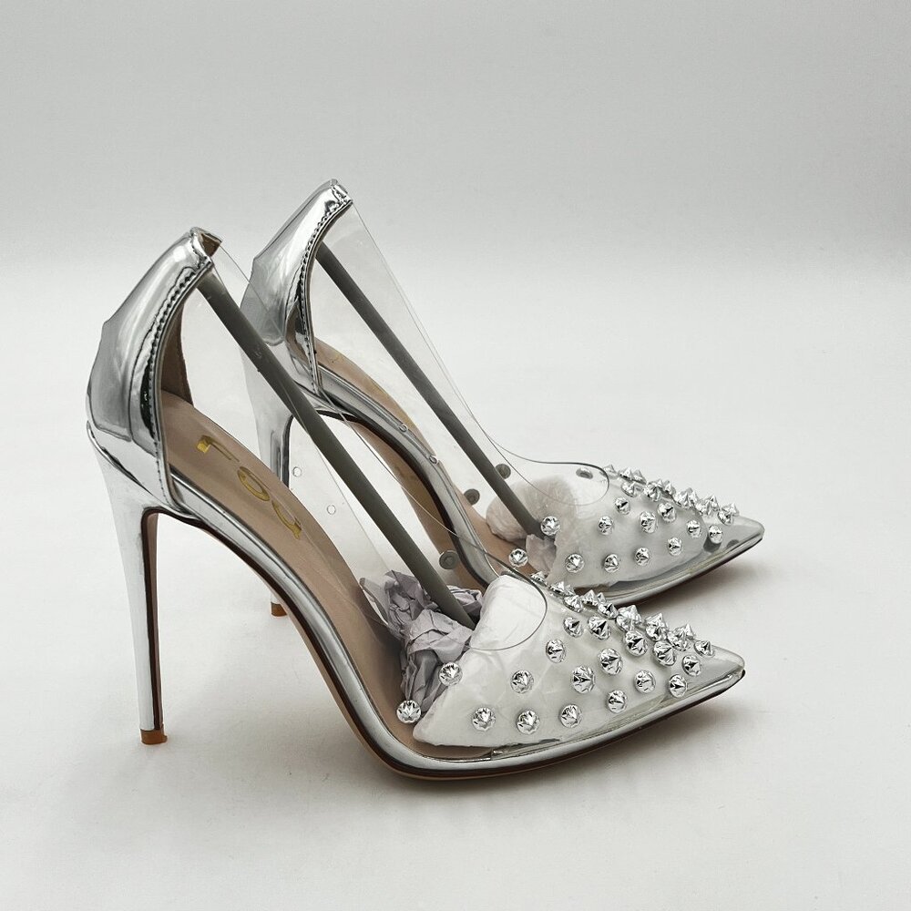 FSJ Women Studded Pointed Toe Transparent Pumps High Heels Silver Shoes